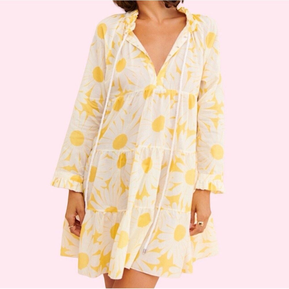 Eywasouls Malibu Cora Tiered Yellow Daisy Voile‎ Mini dress Size XS/S